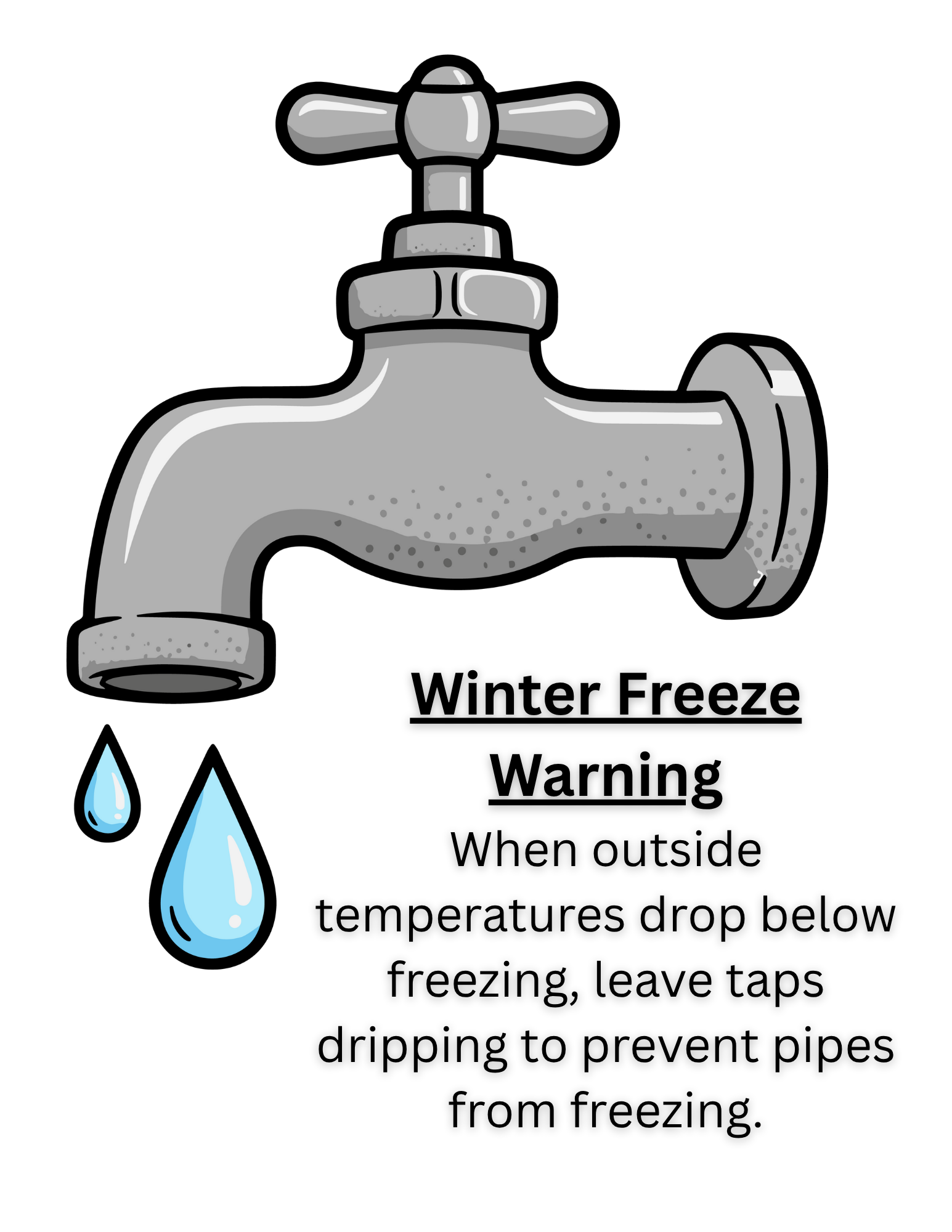 Winter Freeze Warning: When temperatures drop below freezing, leave taps dripping to prevent pipes from freezing.